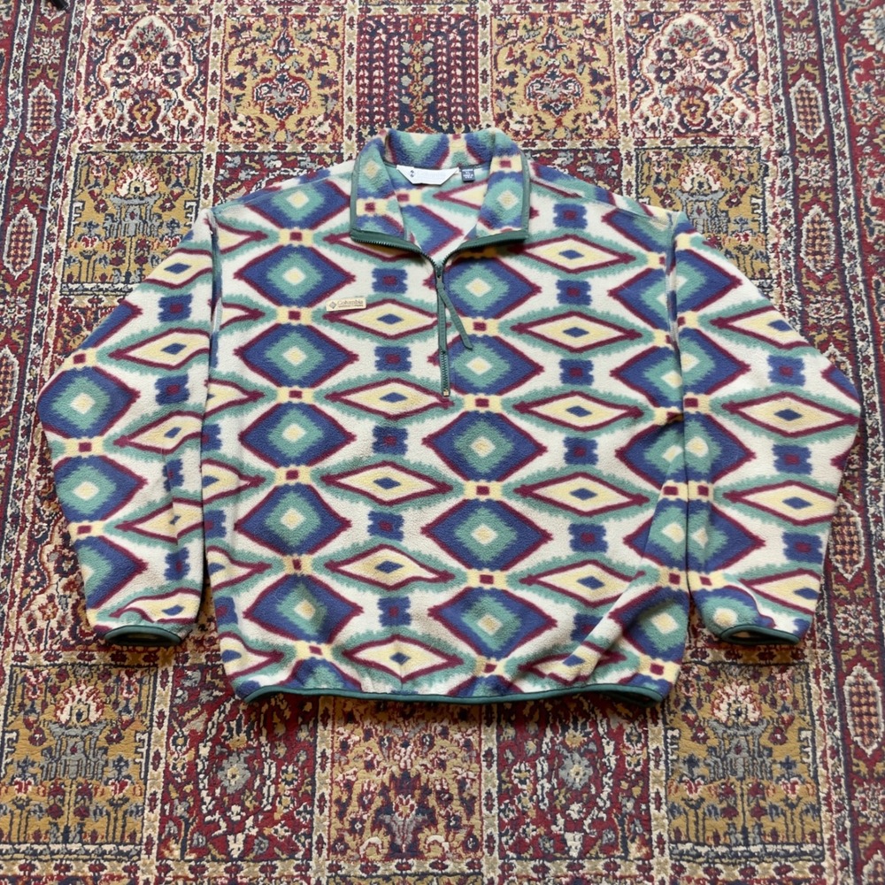 Columbia Fleece Pullover Sweater Geometric‎ Aztec Quarter Zip Womens XL Made USA